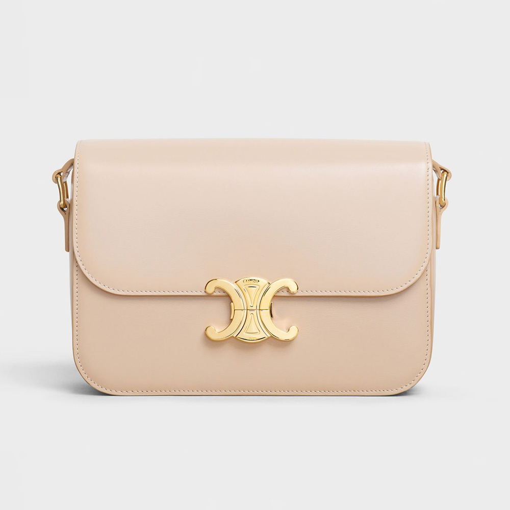Front view of Celine Women Medium Triomphe Bag in Shiny Calfskin-Sandy