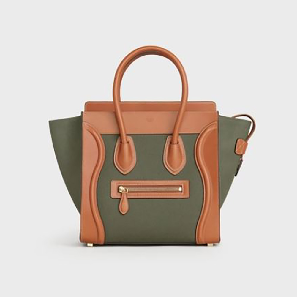 Front view of Celine Women Micro Luggage Handbag in green textile and calfskin