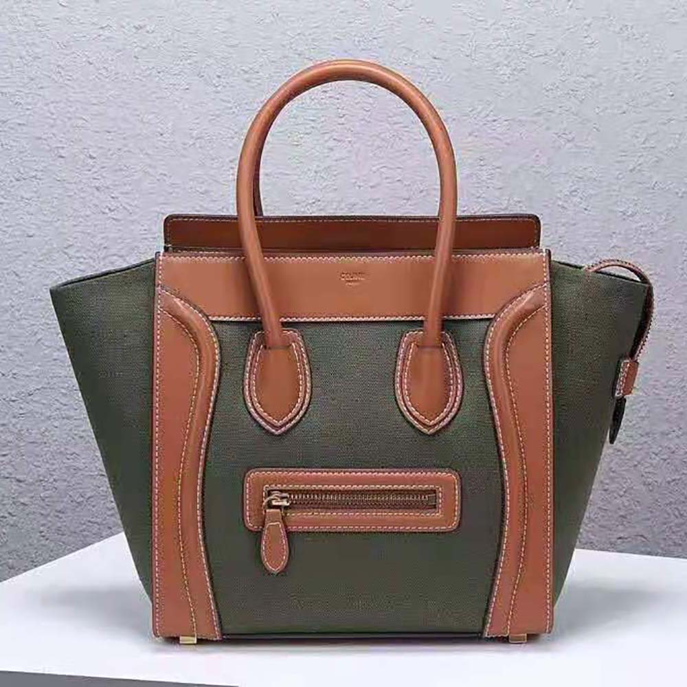 Close-up of green textile and gold-tone hardware on Celine Micro Luggage Handbag