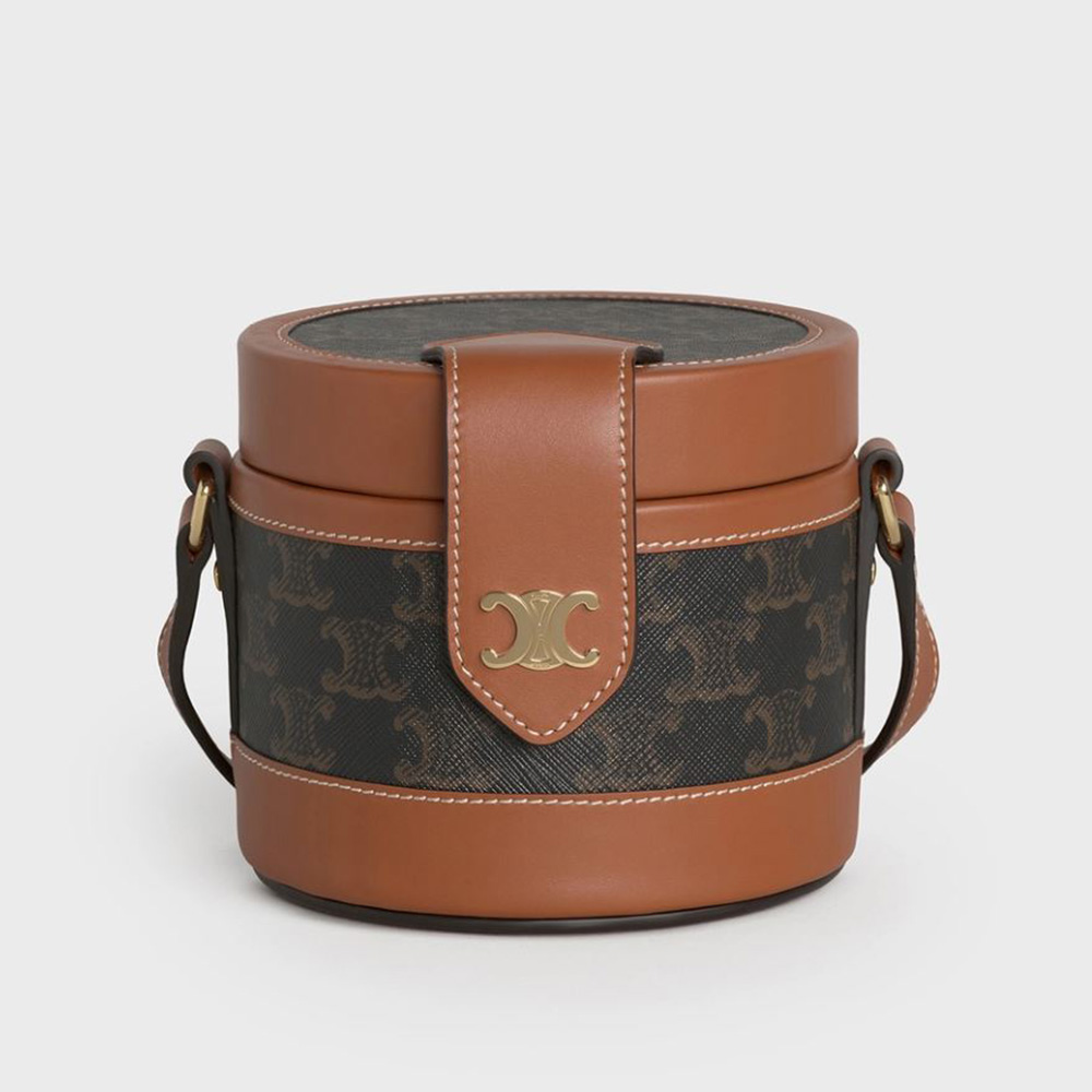 Front angle of Celine Women Small Tambour Bag in brown Triomphe canvas