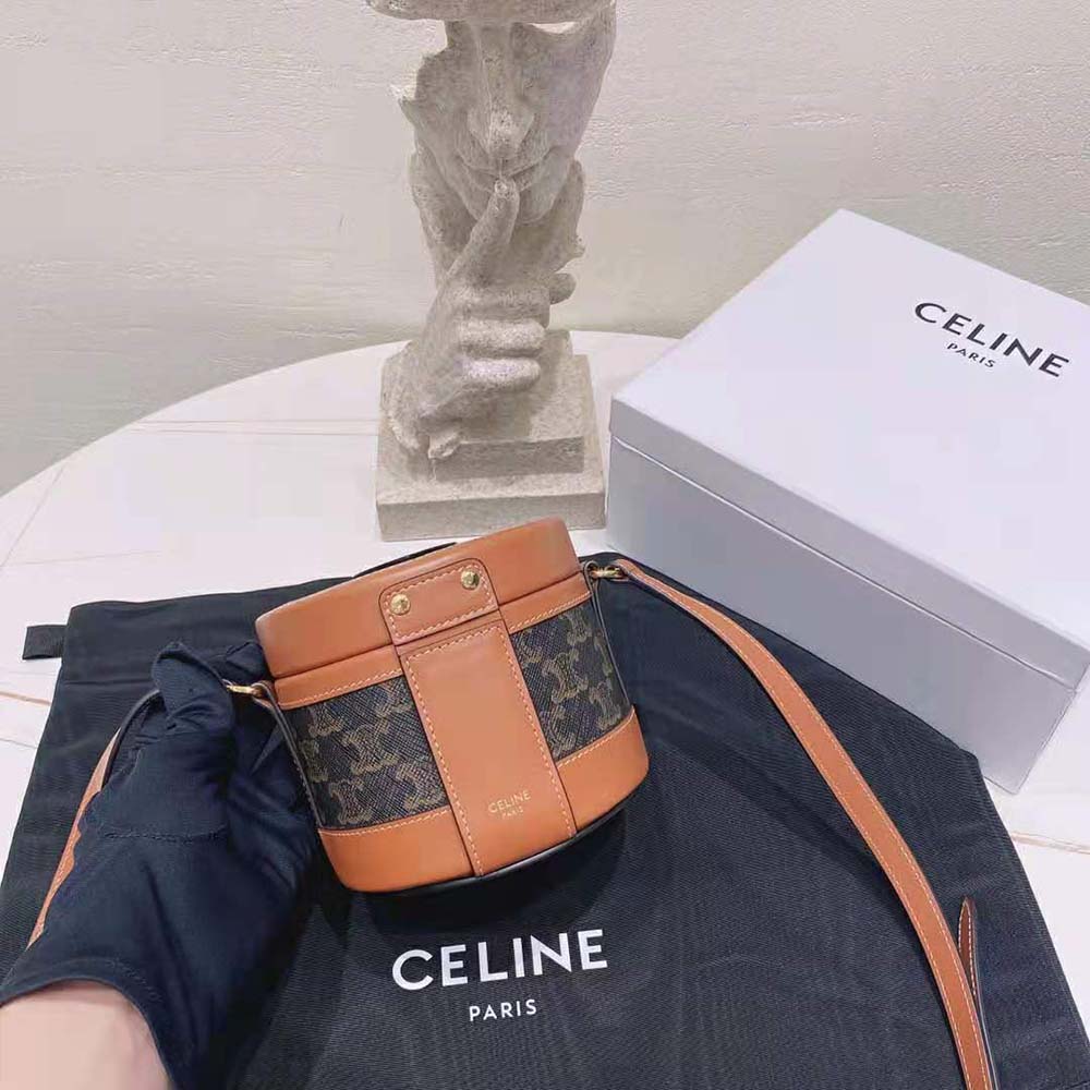 Celine Women Small Tambour Bag in Triomphe Canvas and Calfskin-Brown - image 4