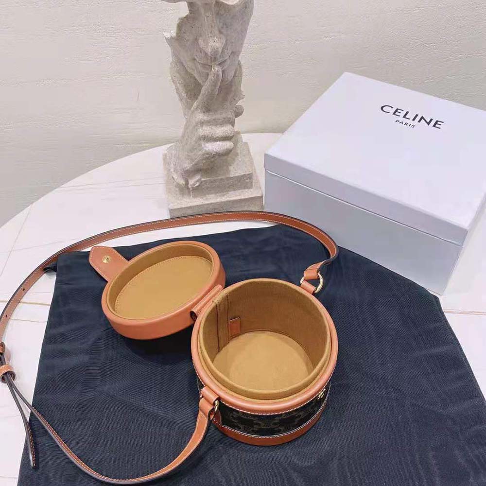 Celine Women Small Tambour Bag in Triomphe Canvas and Calfskin-Brown - image 7