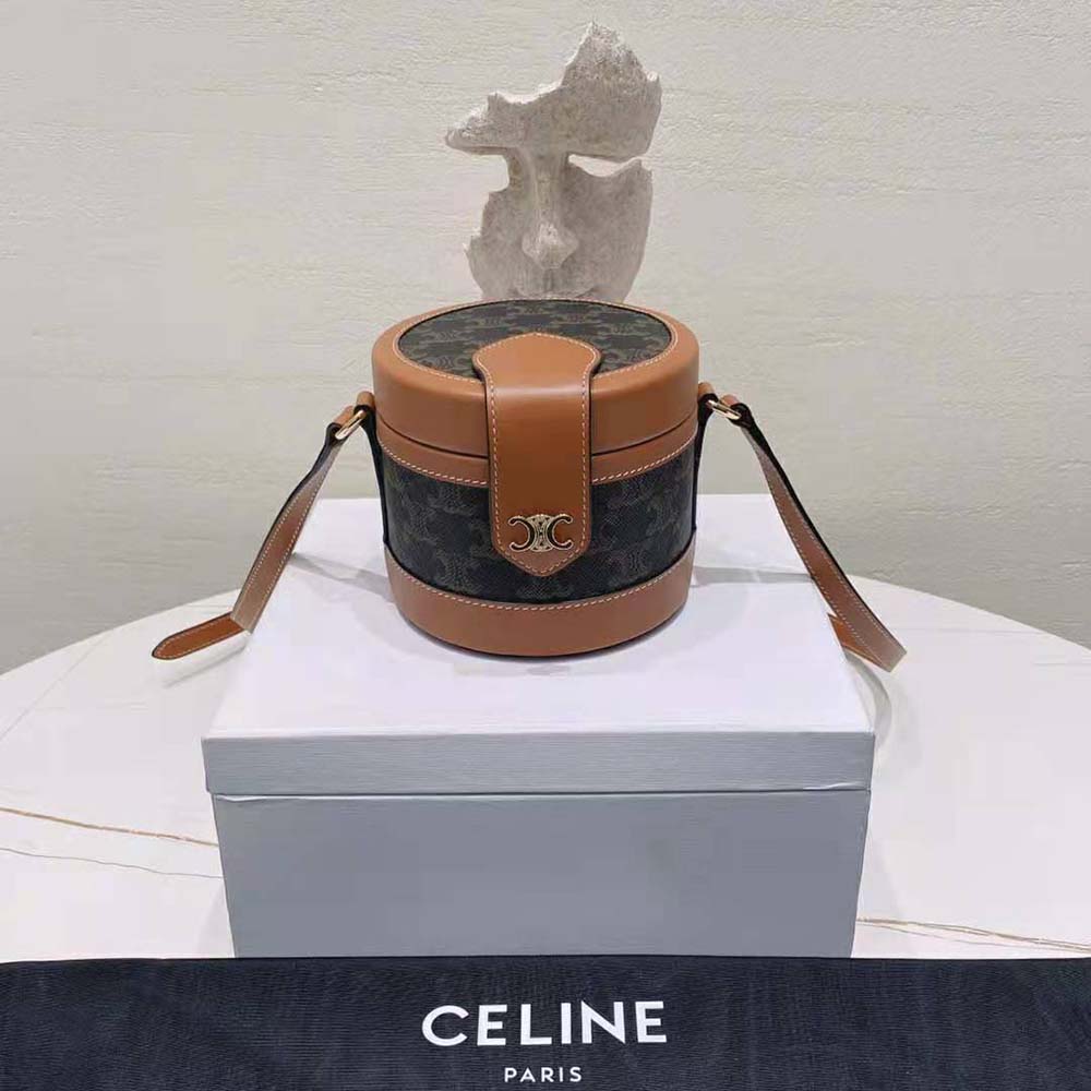 Close-up detail of gold-tone Triomphe logo hardware on Celine Small Tambour Bag