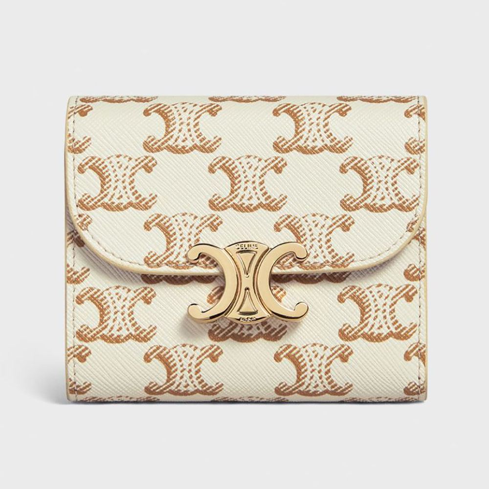 Front view of Celine Women Small Triomphe Wallet in beige canvas