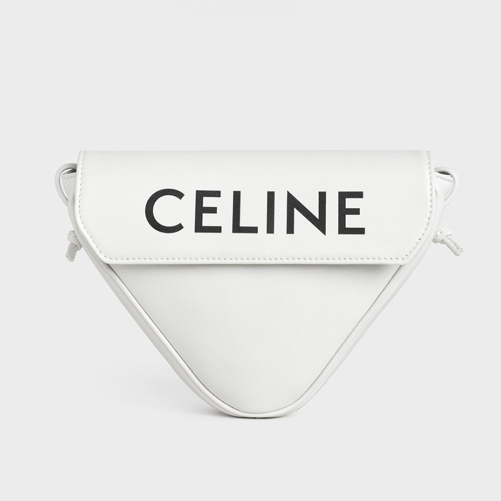 Front view of Celine Women Triangle Bag in Smooth Calfskin with Celine Print-White