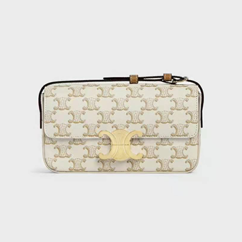 Front view of Celine Women Triomphe Shoulder Bag in beige canvas and calfskin