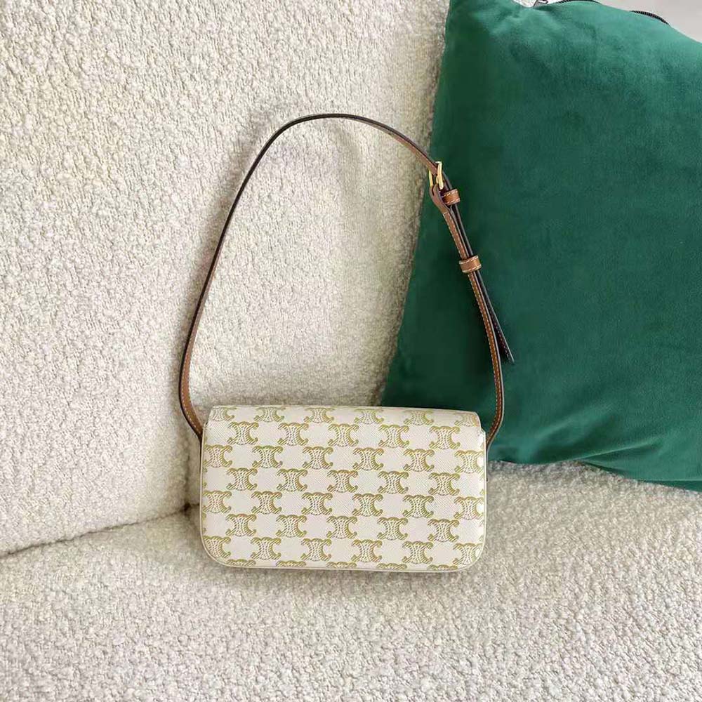 Side angle showing flap closure and texture of Celine Women Triomphe Shoulder Bag