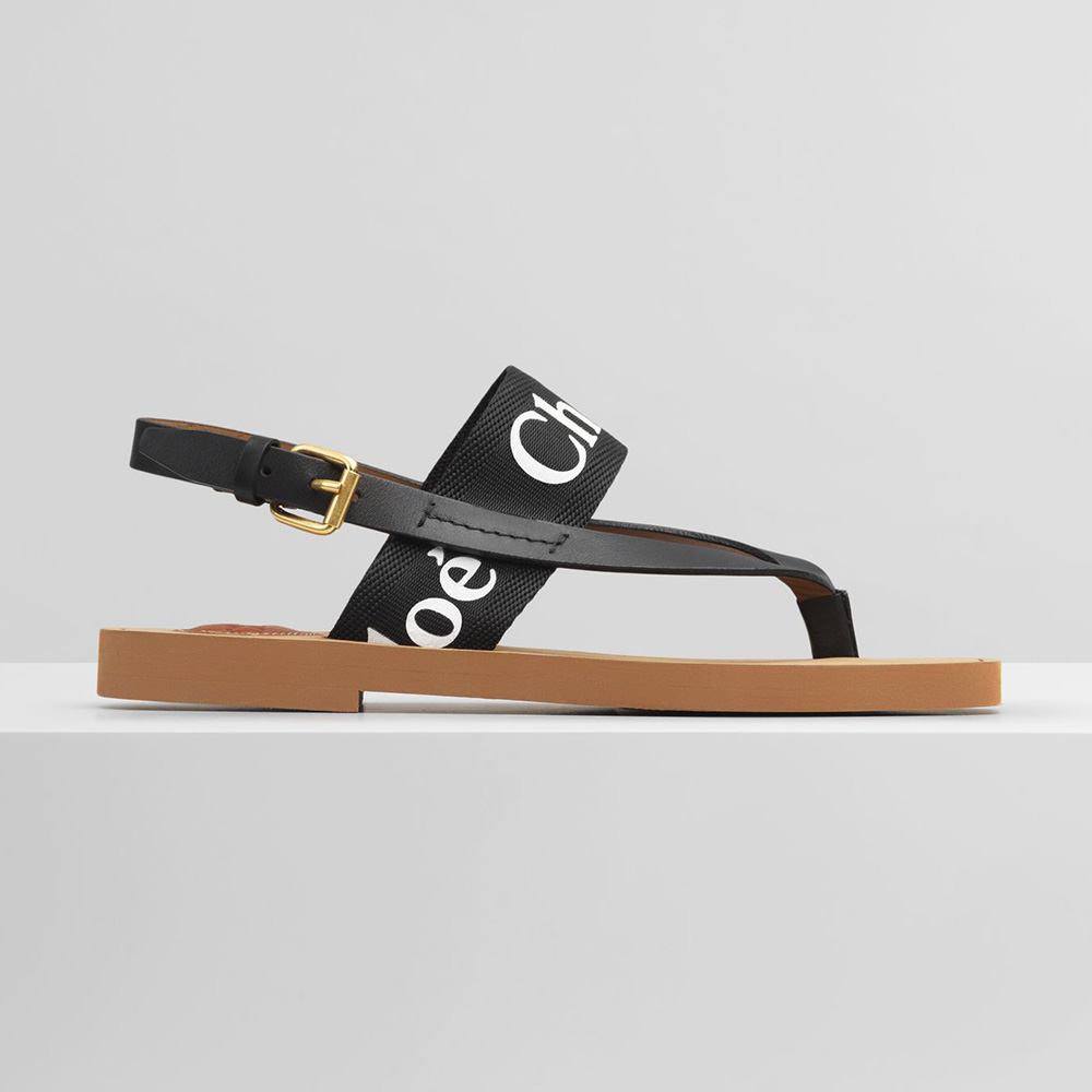 Side view of Chloe Women Woody Flat Sandal in Calfskin and Canvas-Black