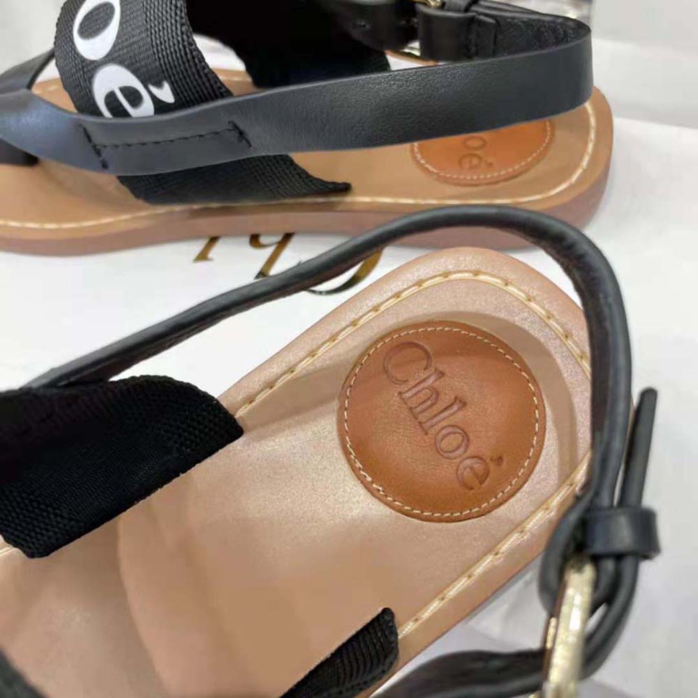 Chloe Women Woody Flat Sandal in Calfskin and Canvas-Black - image 8