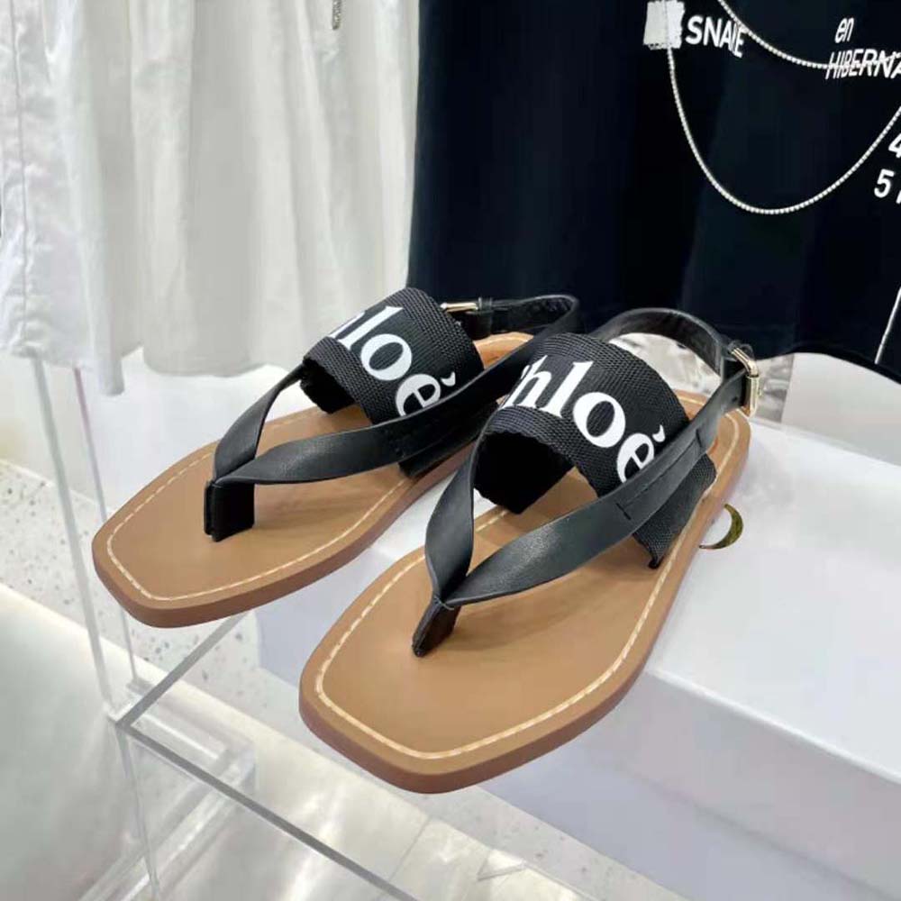 Chloe Women Woody Flat Sandal in Calfskin and Canvas-Black - image 5
