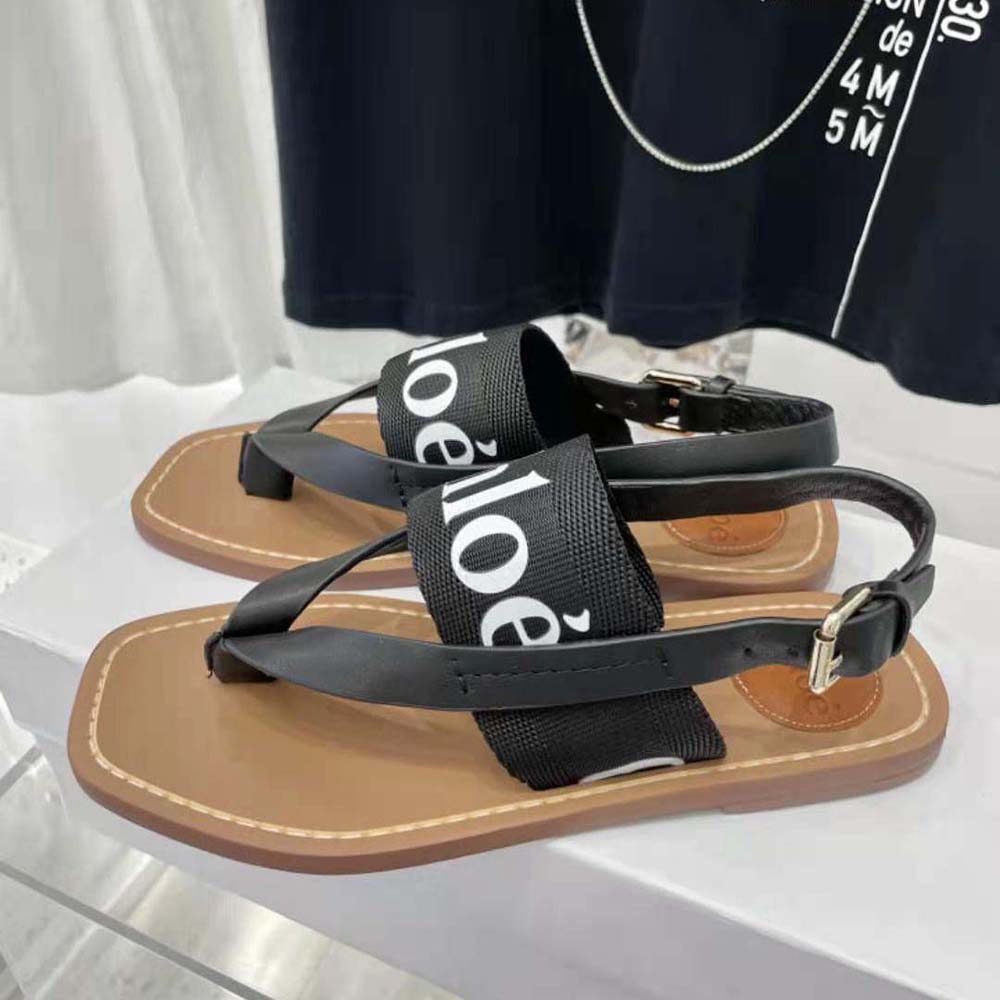 Chloe Women Woody Flat Sandal in Calfskin and Canvas-Black - image 4