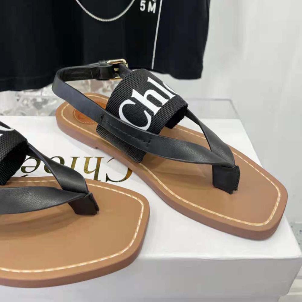 Chloe Women Woody Flat Sandal in Calfskin and Canvas-Black - image 6