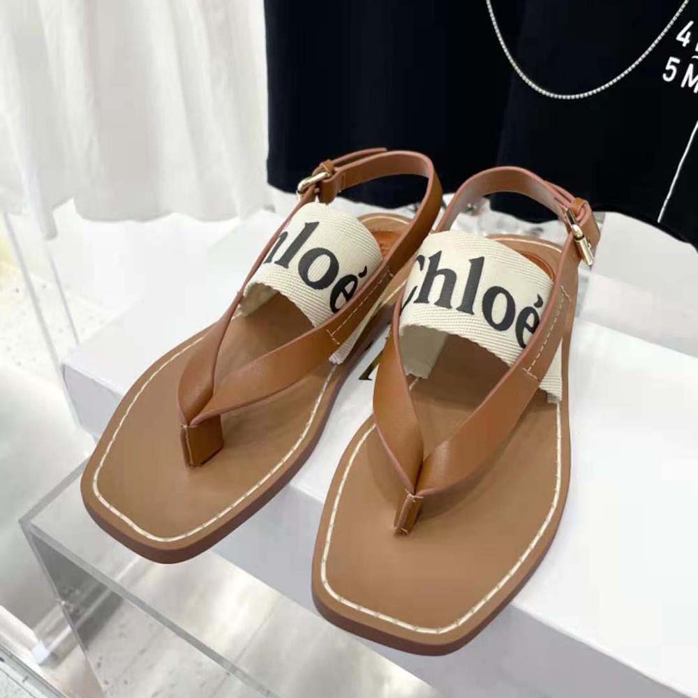 Overhead shot showing brown canvas and leather textures on Chloe Women Woody Flat Sandal