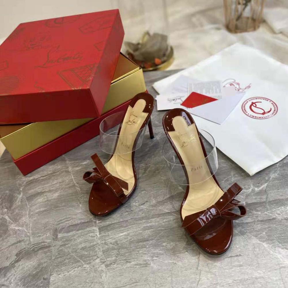 Detail of iconic red sole on Christian Louboutin Women Just Nodo 85 mm Heel-Maroon