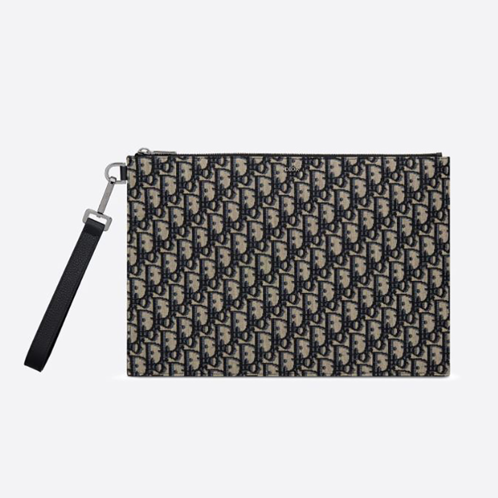 Front view of Dior Men A4 Pouch Beige and Black Dior Oblique Jacquard