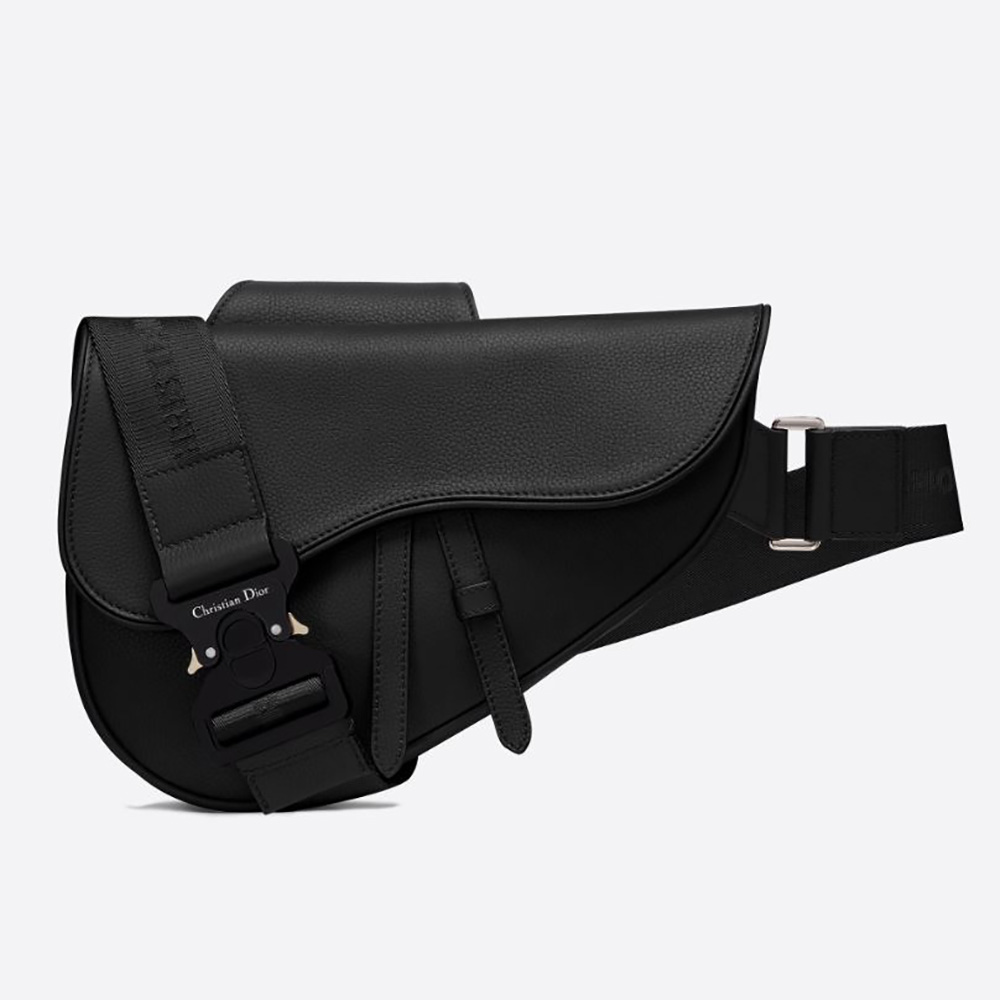 Front view of Dior Men Saddle Bag Black Grained Calfskin with flap closed