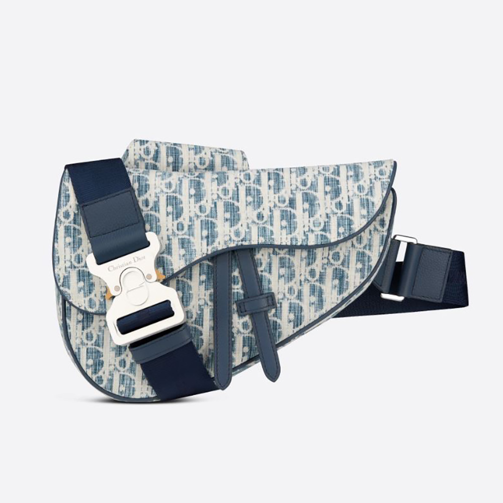 Front view of Dior Men Saddle bag Blue Dior Oblique Kasuri jacquard