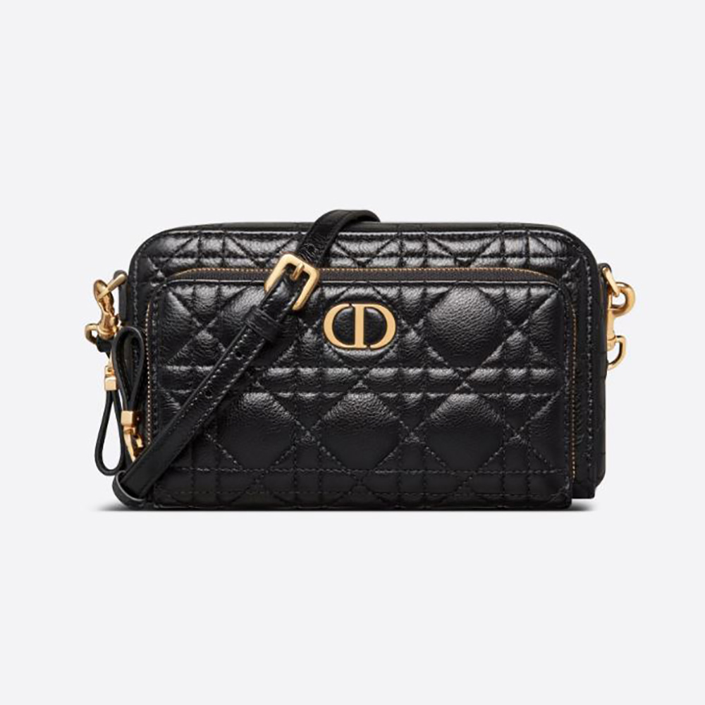 Front view of Dior Women Caro Double Pouch Black Supple Cannage Calfskin bag