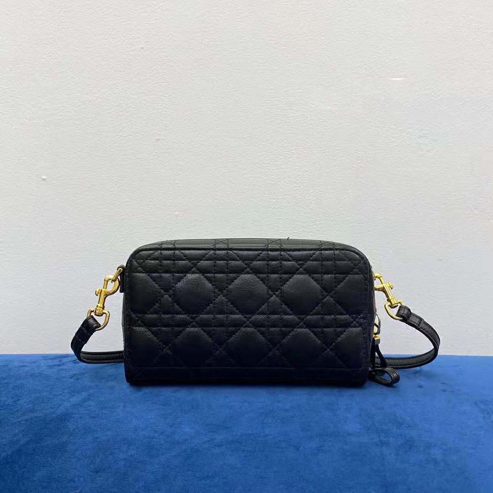 Side angle showing silhouette and strap detail of Dior Women Caro Double Pouch bag