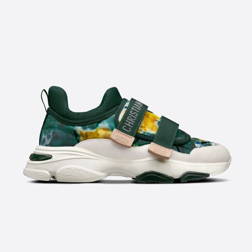 Side angle of Dior Women D-Wander Sneaker in cypress green camouflage
