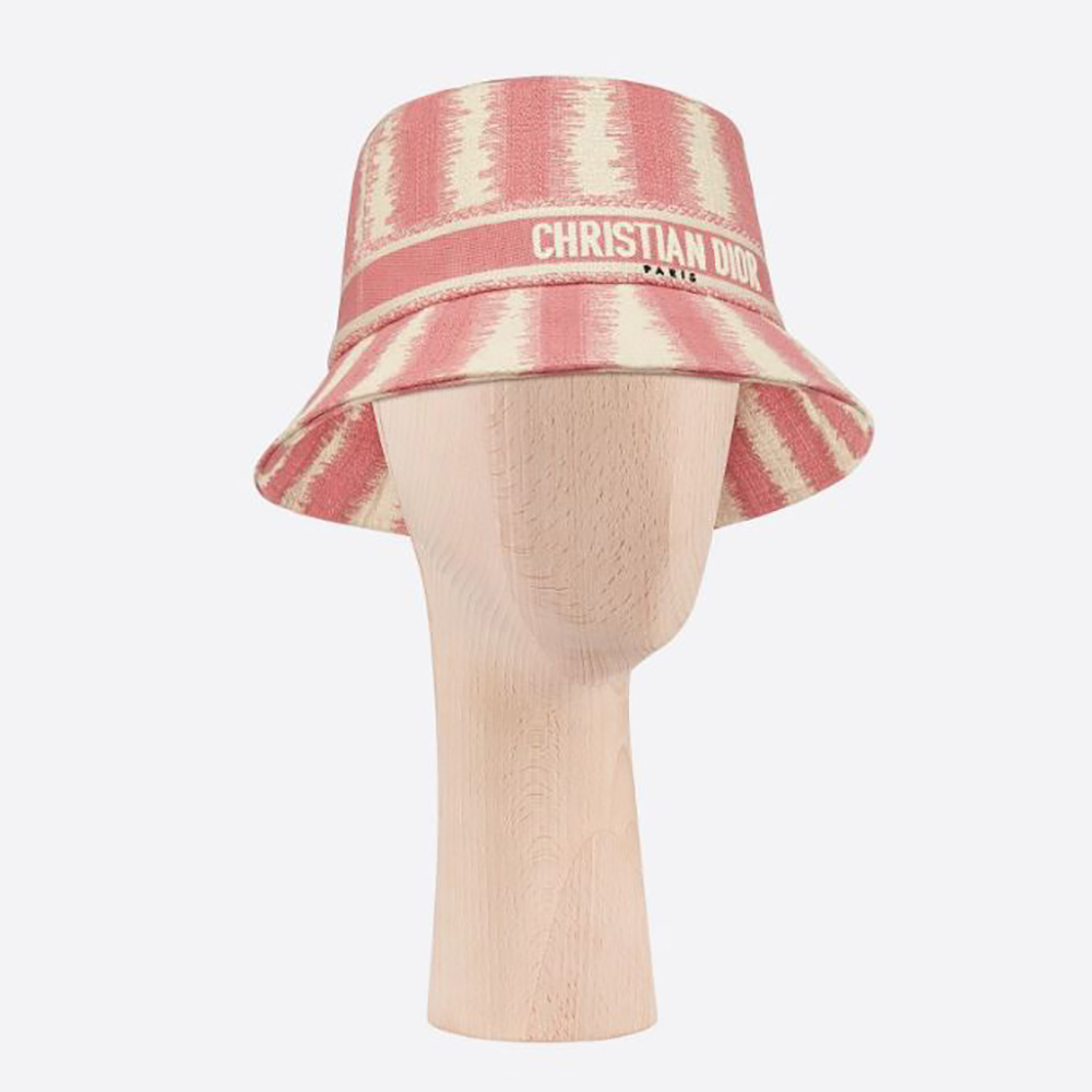 Front view of Dior Women D-stripes Small Brim Bucket Hat Pink Cotton