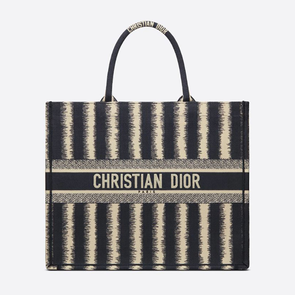 Front view of Dior Women Dior Book Tote Blue D-Stripes Embroidery