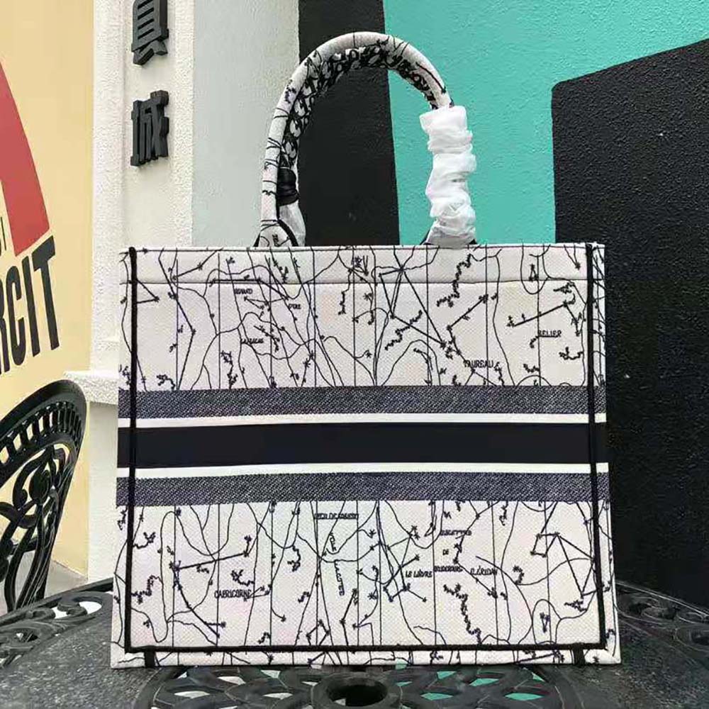 Side angle showing black canvas and silver hardware on Dior Women Dior Book Tote