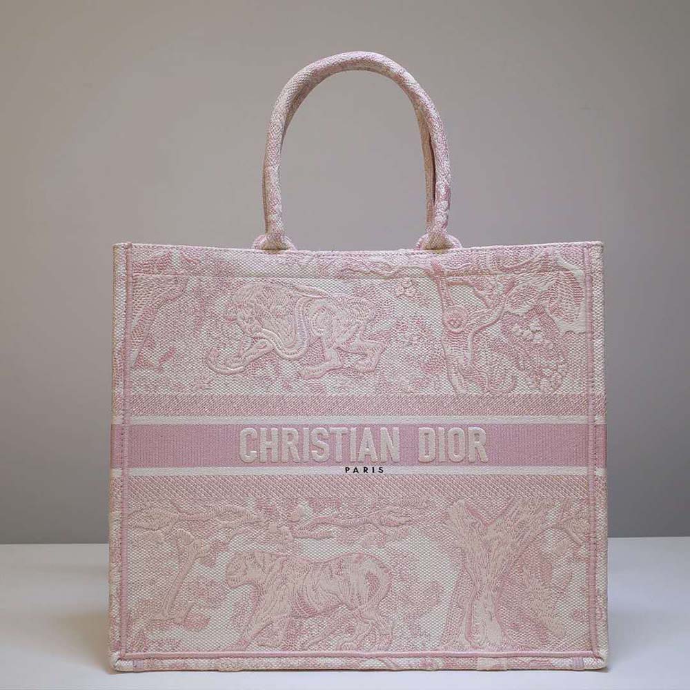 Close-up of embroidery detail on Dior Women Dior Book Tote Pink Toile de Jouy Embroidery