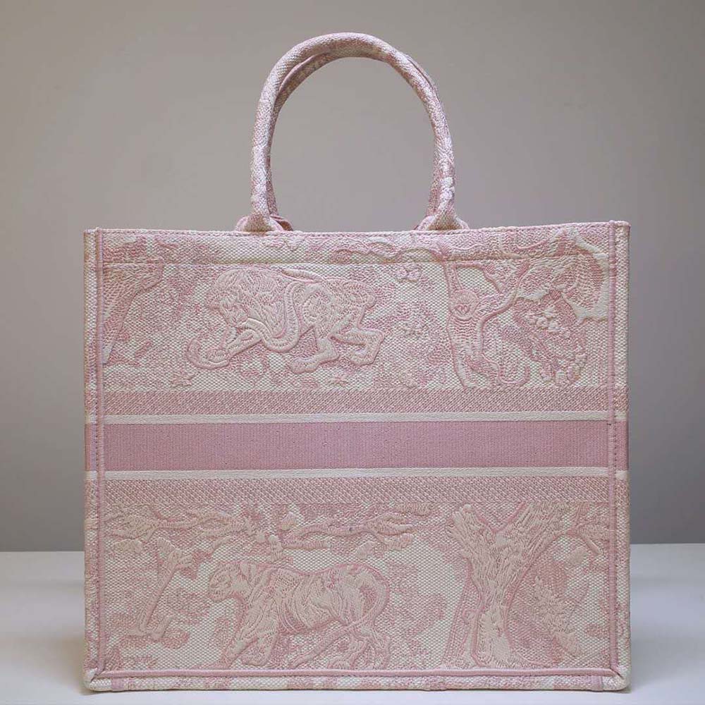 Side angle showing silhouette of Dior Women Dior Book Tote Pink Toile de Jouy Embroidery