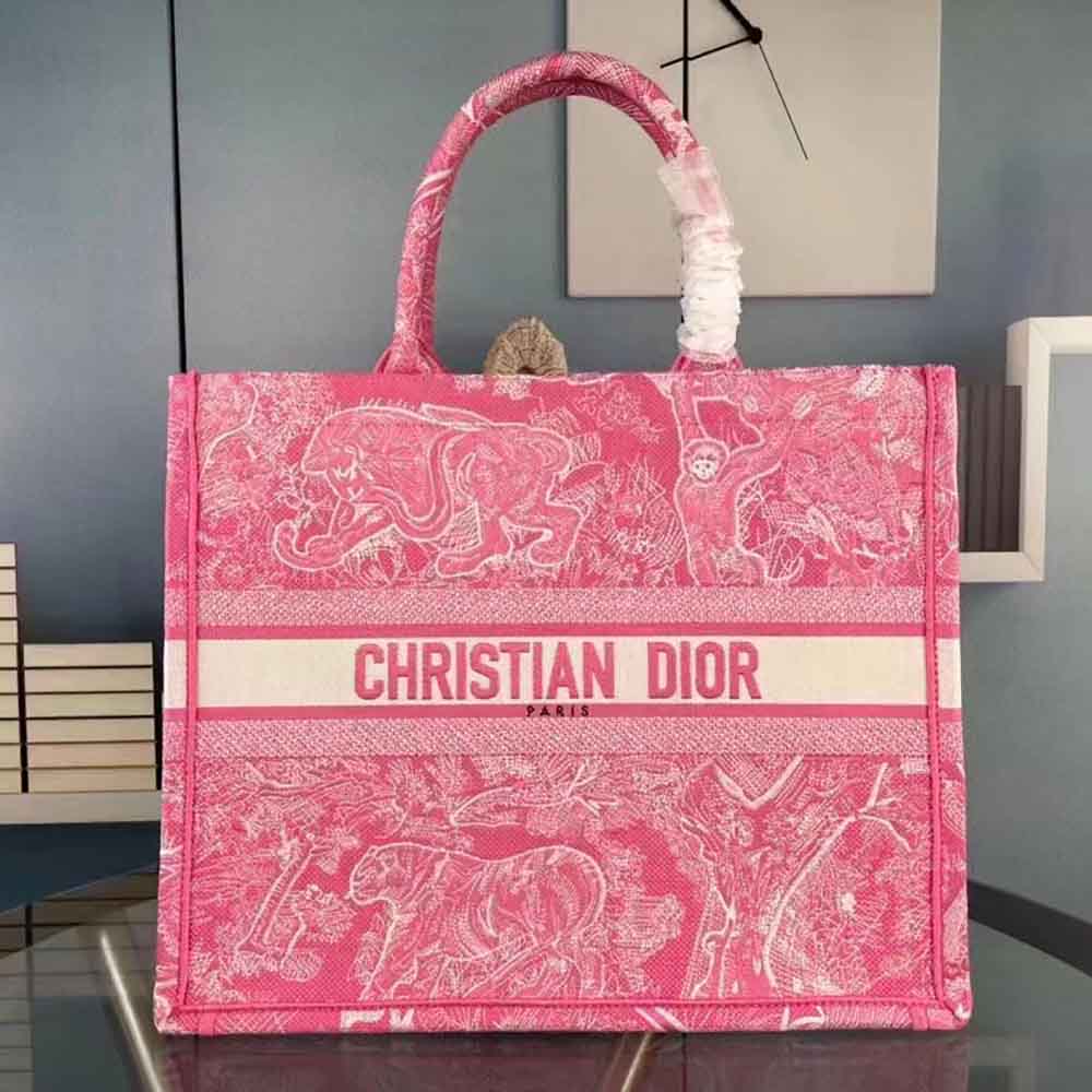 Front view of Dior Women Dior Book Tote Rose Toile de Jouy Embroidery