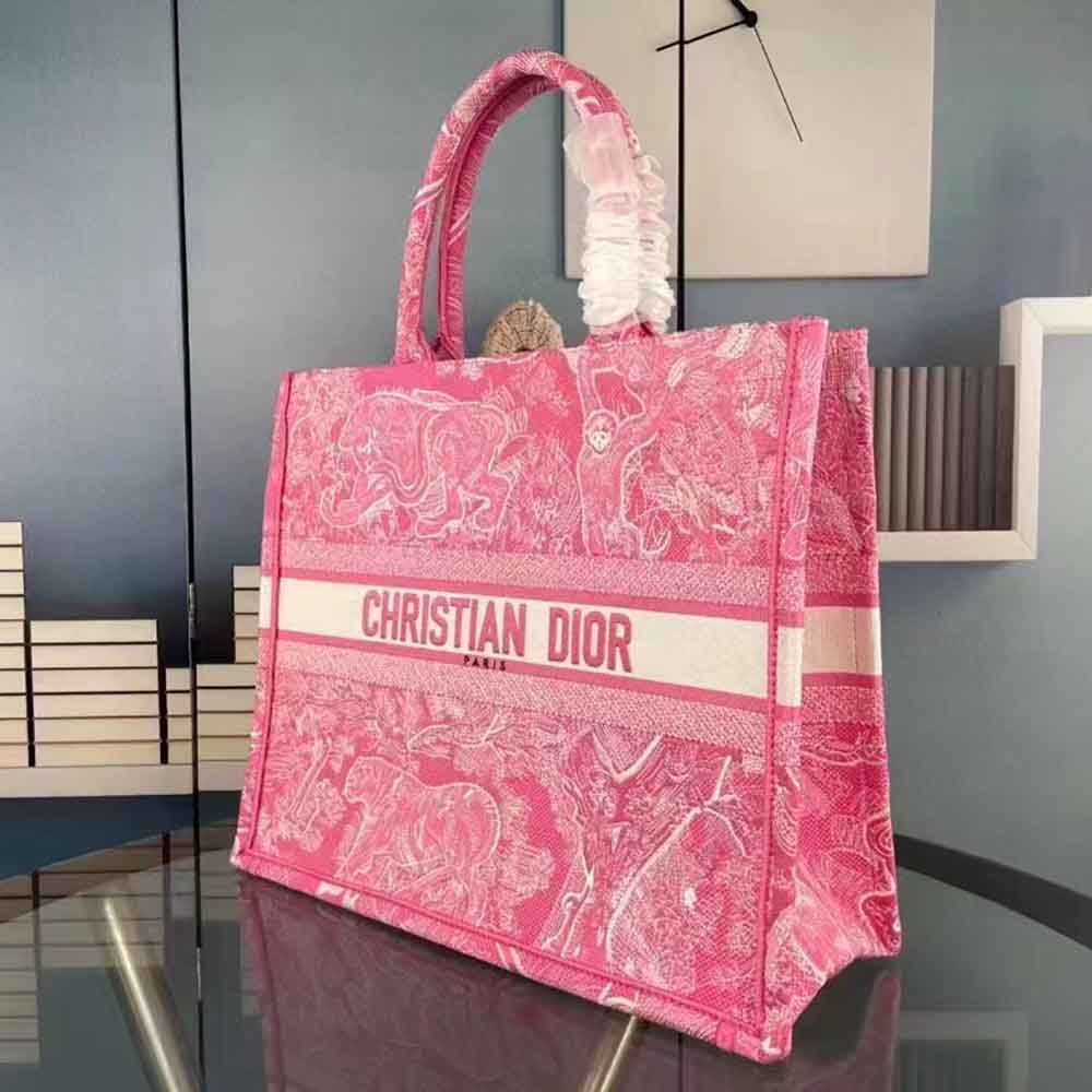 Side profile showcasing silhouette of Dior Women Dior Book Tote Rose Toile de Jouy Embroidery