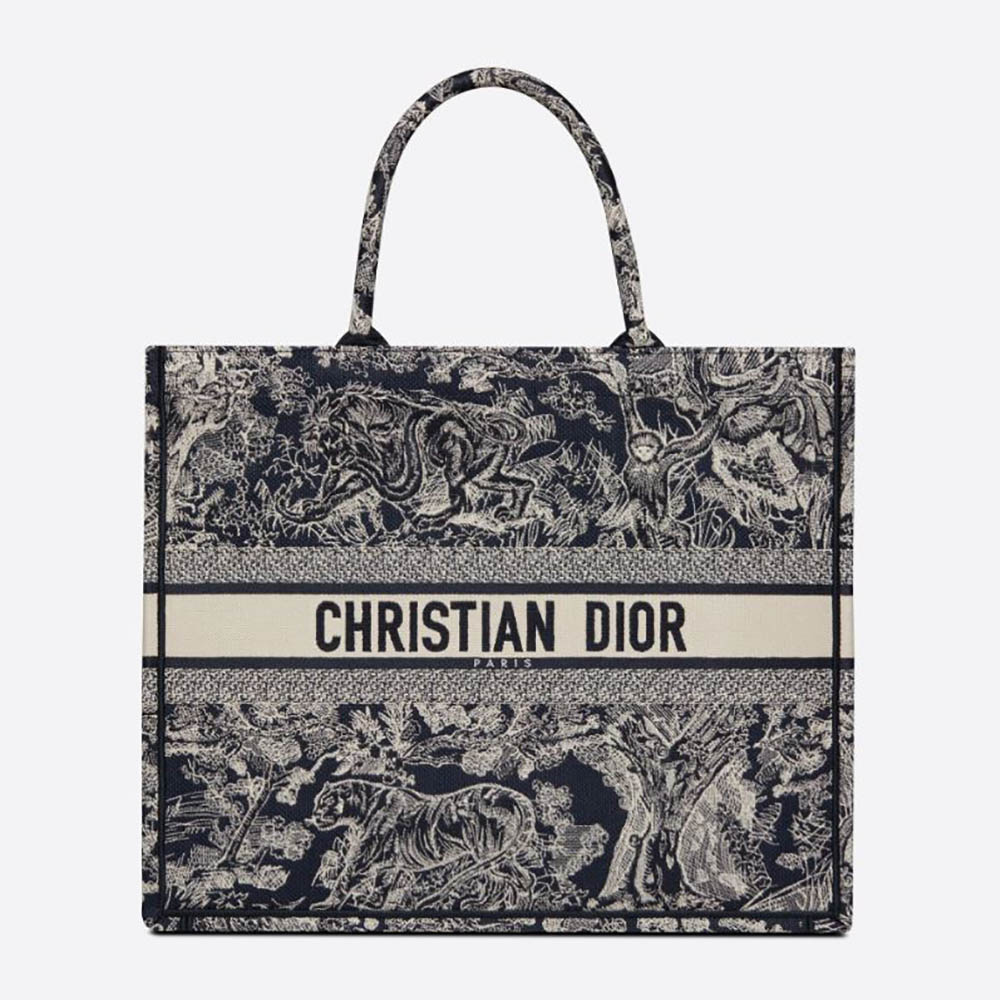 Front view of Dior Women Dior Book Tote Toile DE Jouy Reverse Embroidery-Navy