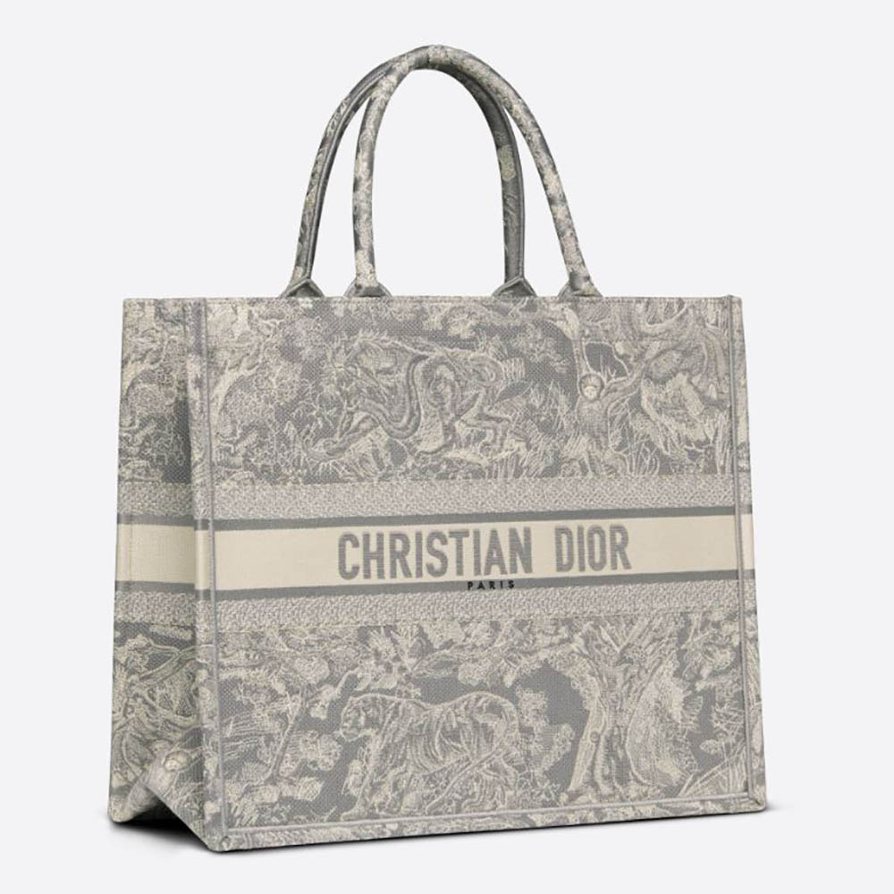 Front view of Dior Women Dior Book Tote Toile DE Jouy Reverse Embroidery-Silver