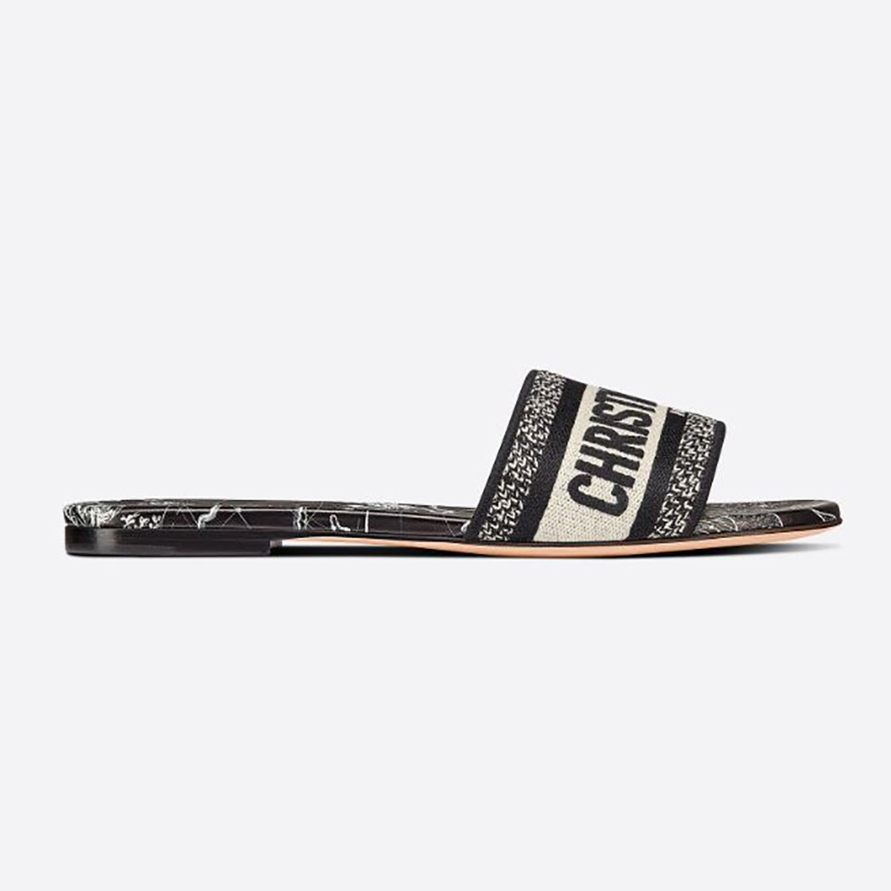 Front angle of Dior Women Dway Slide Black Dior Around the World Embroidered Cotton
