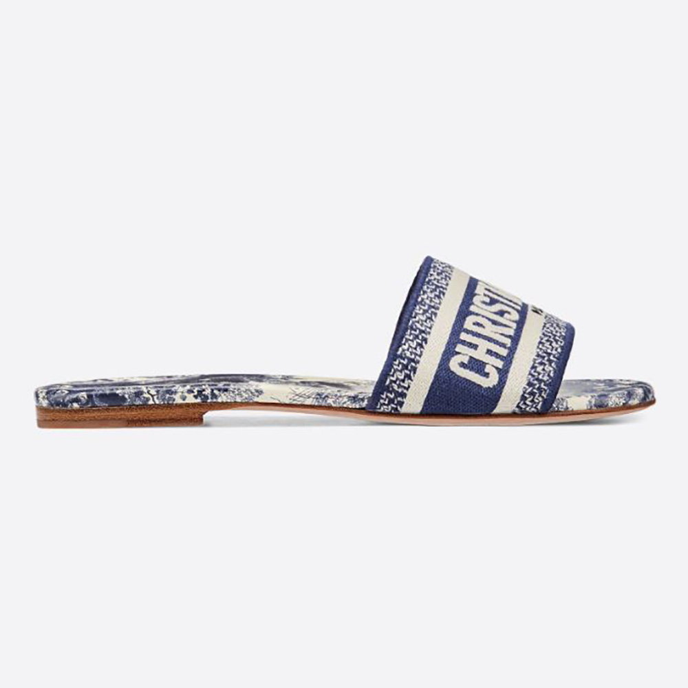 Side profile of Dior Women Dway Slide Blue Cotton Embroidery sandal