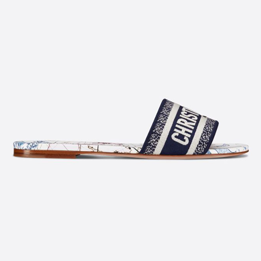 Side view of Dior Women Dway Slide Blue Dior Around the World Embroidered Cotton
