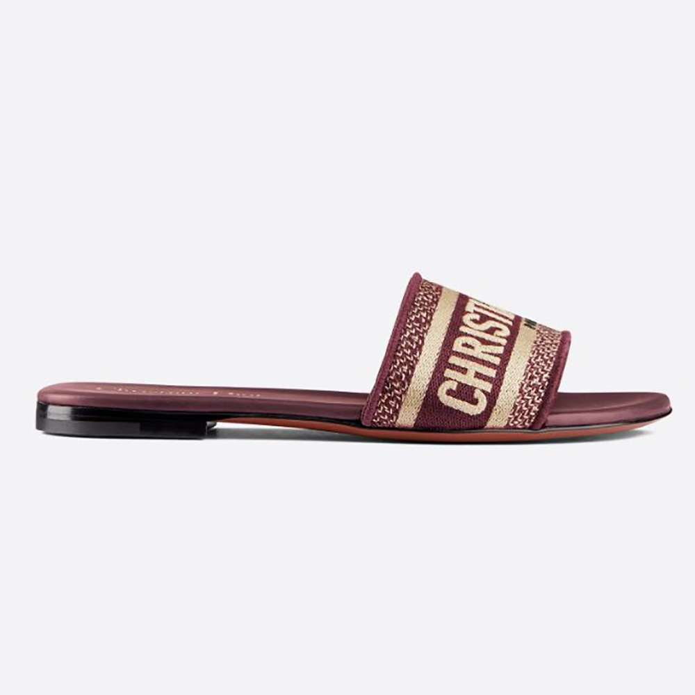 Side view of Dior Women Dway Slide Burgundy Embroidered Cotton sandal