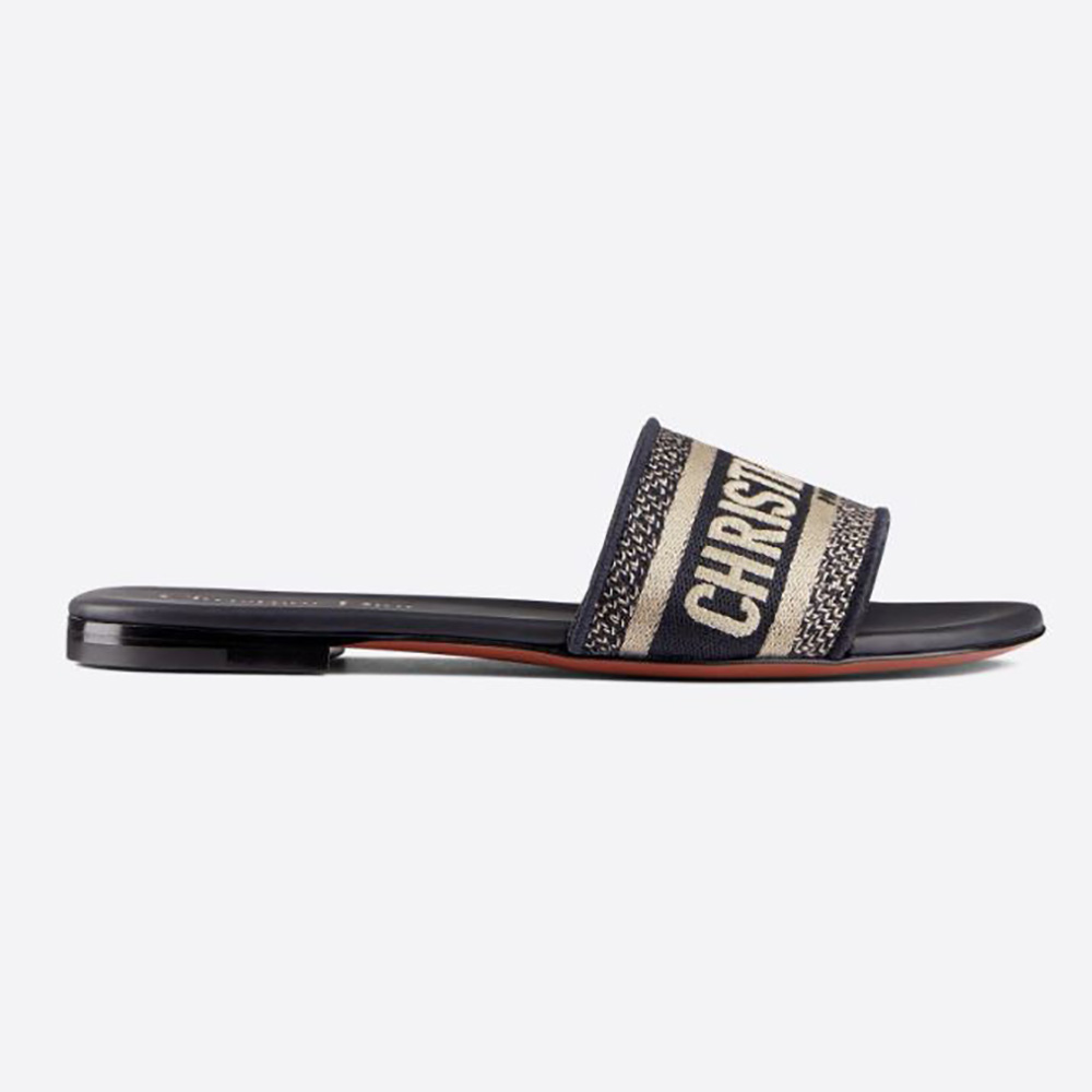 Side view of Dior Women Dway Slide Deep Blue Embroidered Cotton sandal