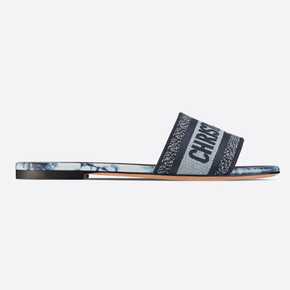 Front angle of Dior Women Dway Slide Denim Blue Tie and Dior Embroidered Cotton