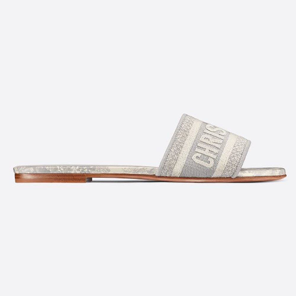 Side view of Dior Women Dway Slide Gray and Ecru Toile de Jouy Embroidered Cotton sandal