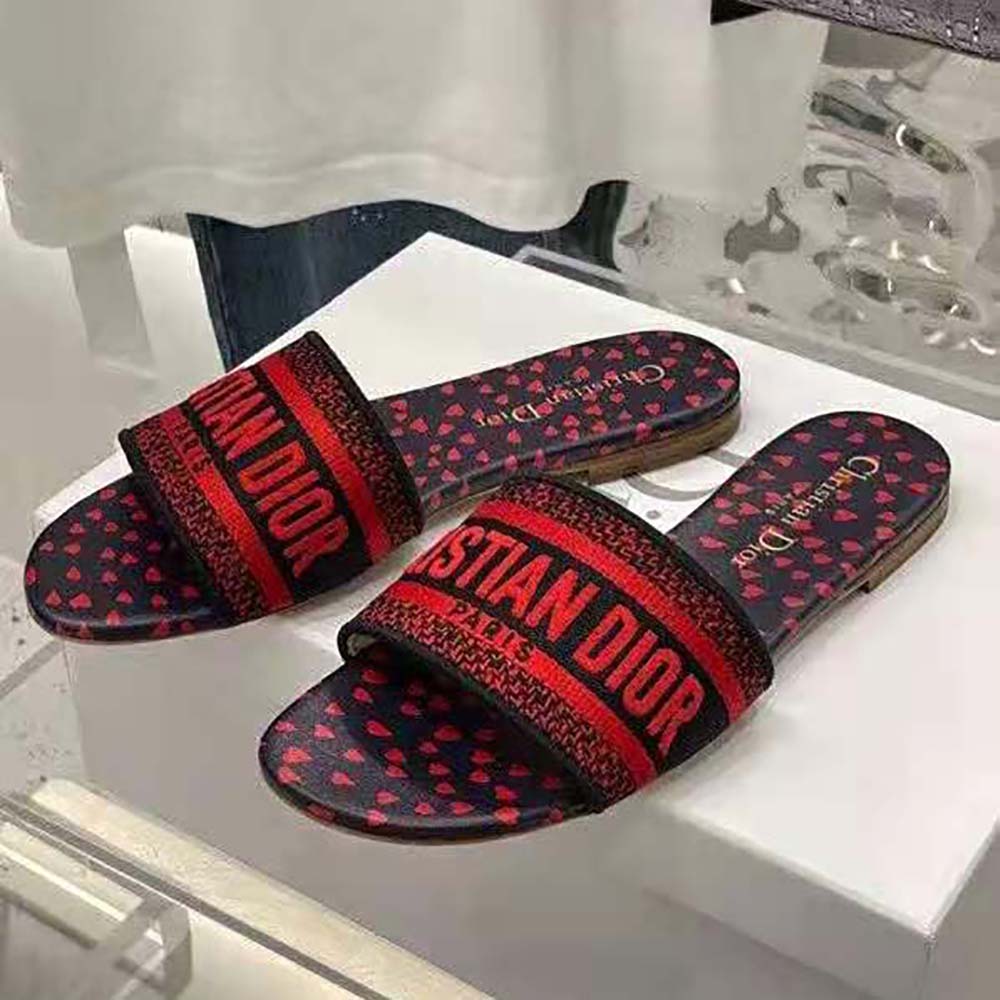 Dior Women Dway Slide Navy Blue and Red Hearts I Love Paris Embroidered Cotton - image 5