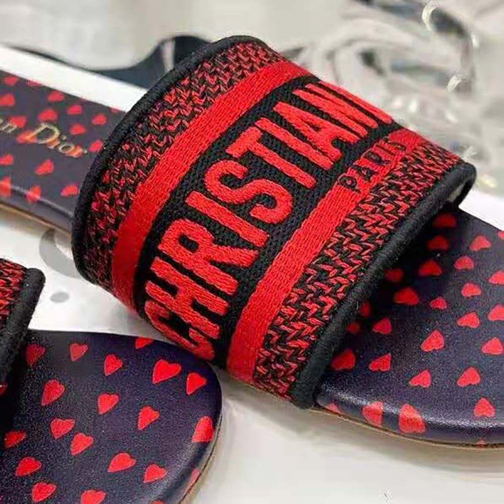 Dior Women Dway Slide Navy Blue and Red Hearts I Love Paris Embroidered Cotton - image 8