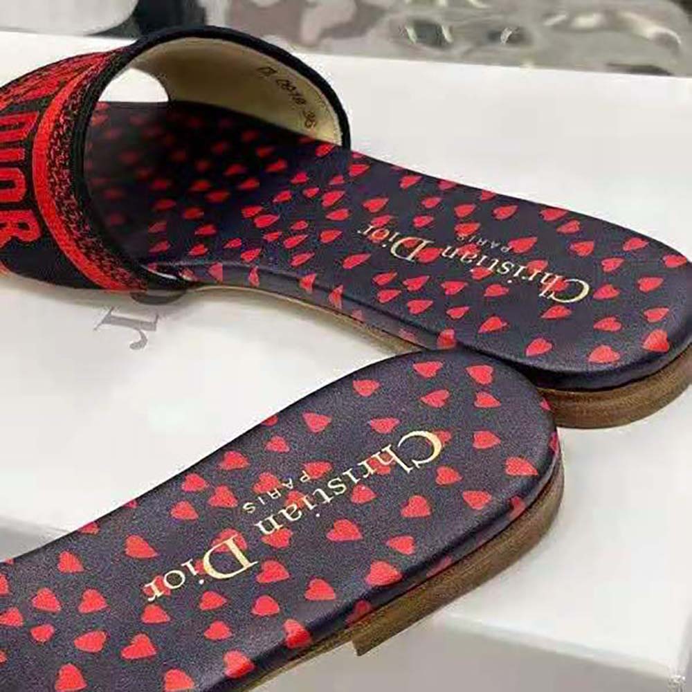Dior Women Dway Slide Navy Blue and Red Hearts I Love Paris Embroidered Cotton - image 7
