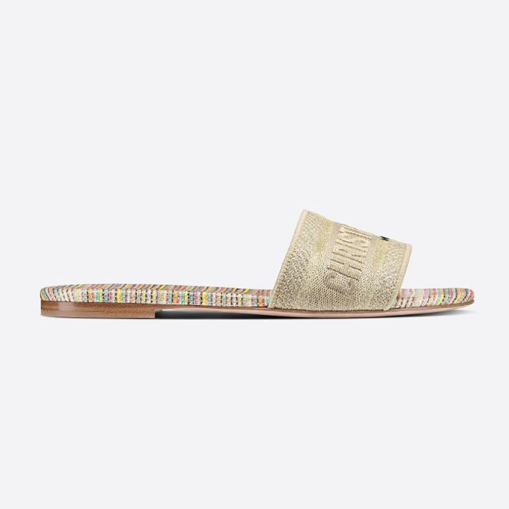 Side view of Dior Women Dway slide Gold-Tone Metallic Thread Embroidered Cotton