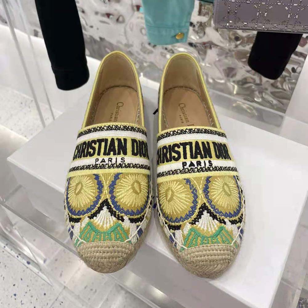 Top view showing slip-on design of Dior Women Granville Espadrille Turquoise Dior In Lights Embroidered Cotton