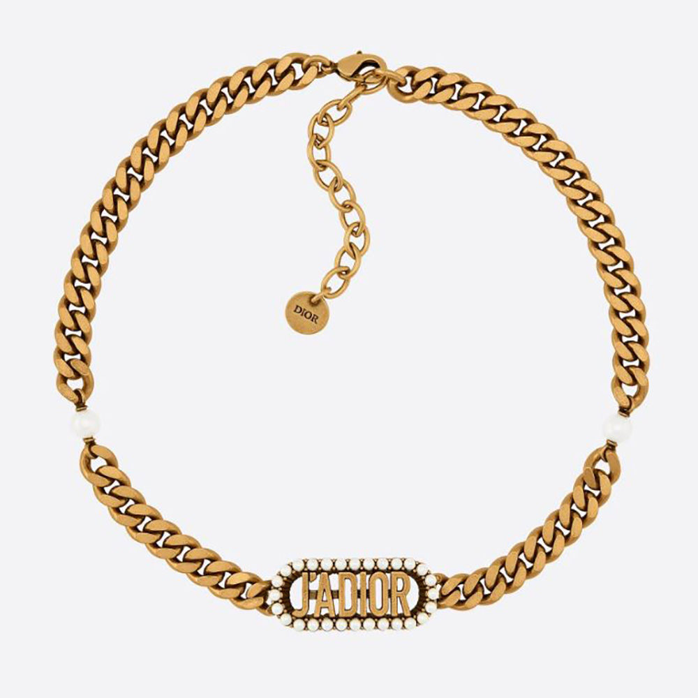 Close-up of Dior Women J Adior Choker Antique Gold-Finish Metal signature lettering