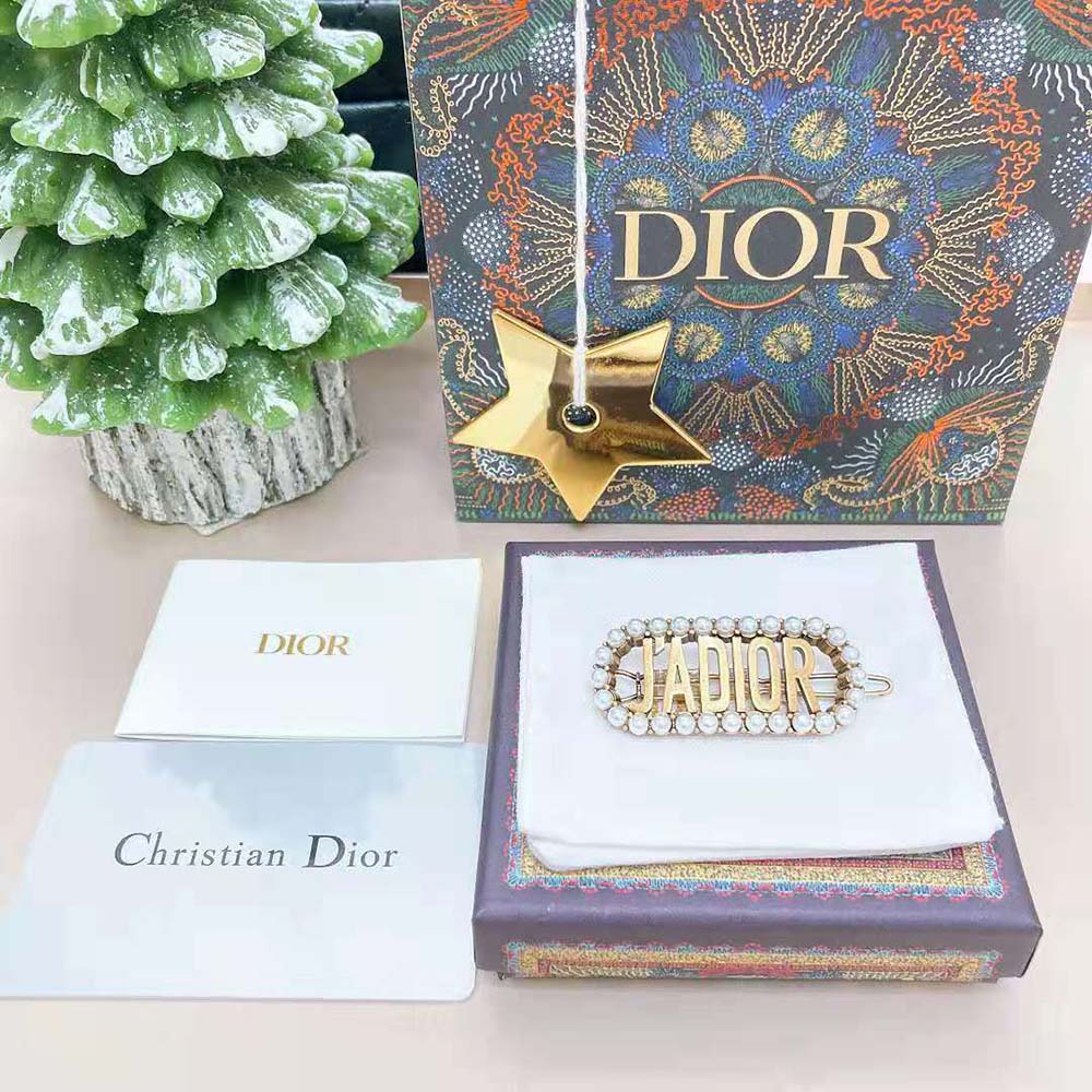 Dior Women J’Adior Barrette Antique Gold-Finish Metal on styled hair detail