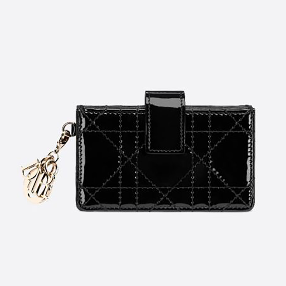 Front view of Dior Women Lady Dior 5-Gusset Card Holder Black Patent Cannage Calfskin