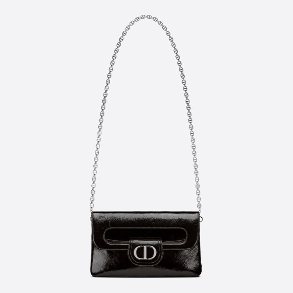 Front view of Dior Women Medium Diordouble Bag Black Crinkled Patent Lambskin