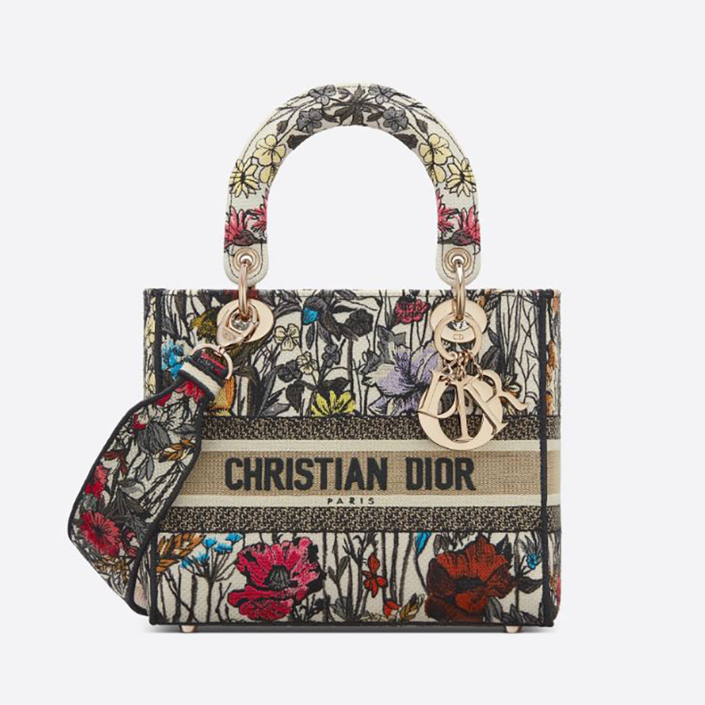 Front angle of Dior Women Medium Lady D-lite Bag Multicolor Mille Fleurs Embroidery